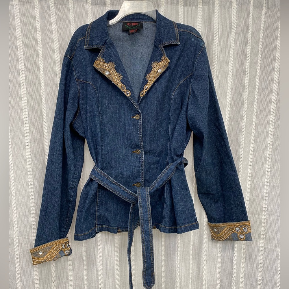 AS-HRO Denim Jean Jacket With Embroidered and Beaded Collar and Cuffs Size XXXL‎